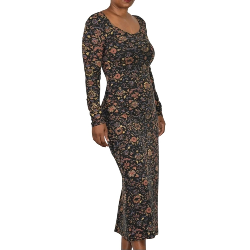 Peruvian Connection Dynasty Dress M Black Floral Scoop Neck Long Sleeve